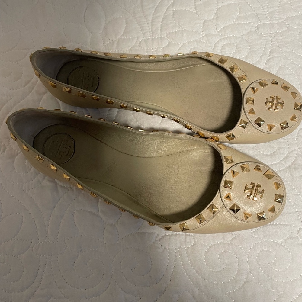 Tory Burch Cream and Gold Studded Flats - 9.5